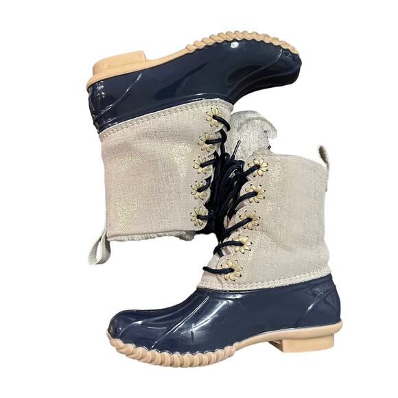 Jack Rogers Womens duck boot with navy and metallic gold, fur lined, Size 5M - Picture 1 of 6
